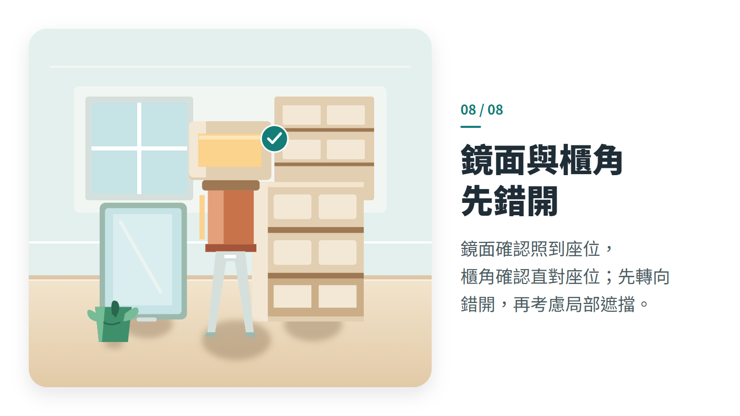 鏡面與櫃角 先錯開